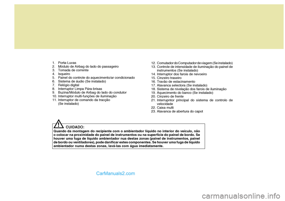 Hyundai Elantra 2004 Manual do proprietário (in Portuguese) CUIDADO:
Quando da montagem do recipiente com o ambientador líquido no interior do veículo, não o colocar na proximidade do painel de instrumentos ou na superfície do painel de bordo. Se houver um Hyundai Elantra 2004 Manual do proprietário (in Portuguese) CUIDADO:
Quando da montagem do recipiente com o ambientador líquido no interior do veículo, não o colocar na proximidade do painel de instrumentos ou na superfície do painel de bordo. Se houver um