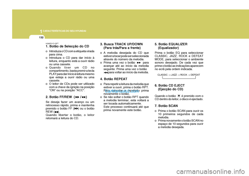 Hyundai Elantra 2004  Manual do proprietário (in Portuguese) 1CARACTERÍSTICAS DO SEU HYUNDAI
132
H290F01O-GPT 1. Botão de Selecção do CD 
o Introduza o CD com a etiqueta viradapara cima.
o Introduza o CD para dar início à leitura, enquanto está a ouvir r