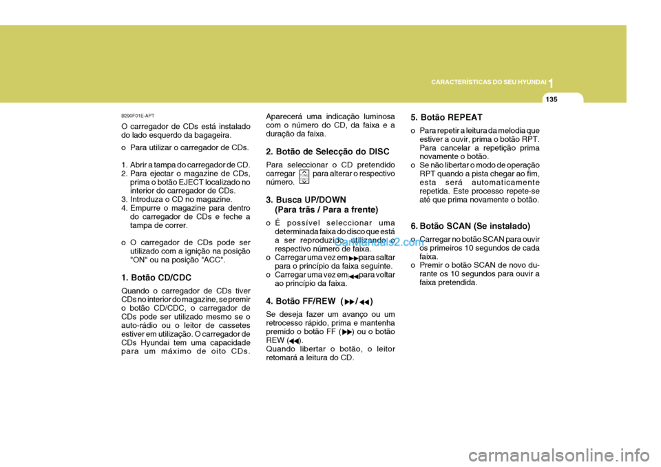 Hyundai Elantra 2004  Manual do proprietário (in Portuguese) 1
CARACTERÍSTICAS DO SEU HYUNDAI
135
B290F01E-APT O carregador de CDs está instalado do lado esquerdo da bagageira. 
o Para utilizar o carregador de CDs. 
1. Abrir a tampa do carregador de CD. 
2. P