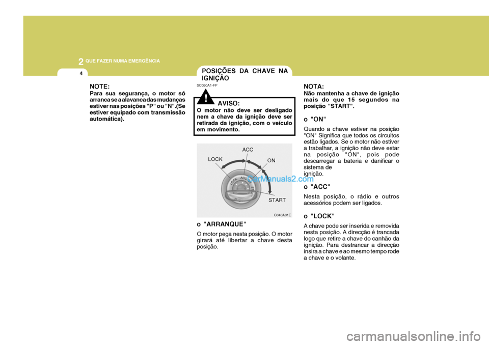 Hyundai Elantra 2004  Manual do proprietário (in Portuguese) 2 QUE FAZER NUMA EMERGÊNCIA
4POSIÇÕES DA CHAVE NA IGNIÇÃO
!
NOTA: Não mantenha a chave de ignição mais do que 15 segundos na posição "START". 
o "ON" Quando a chave estiver na posição "ON"
