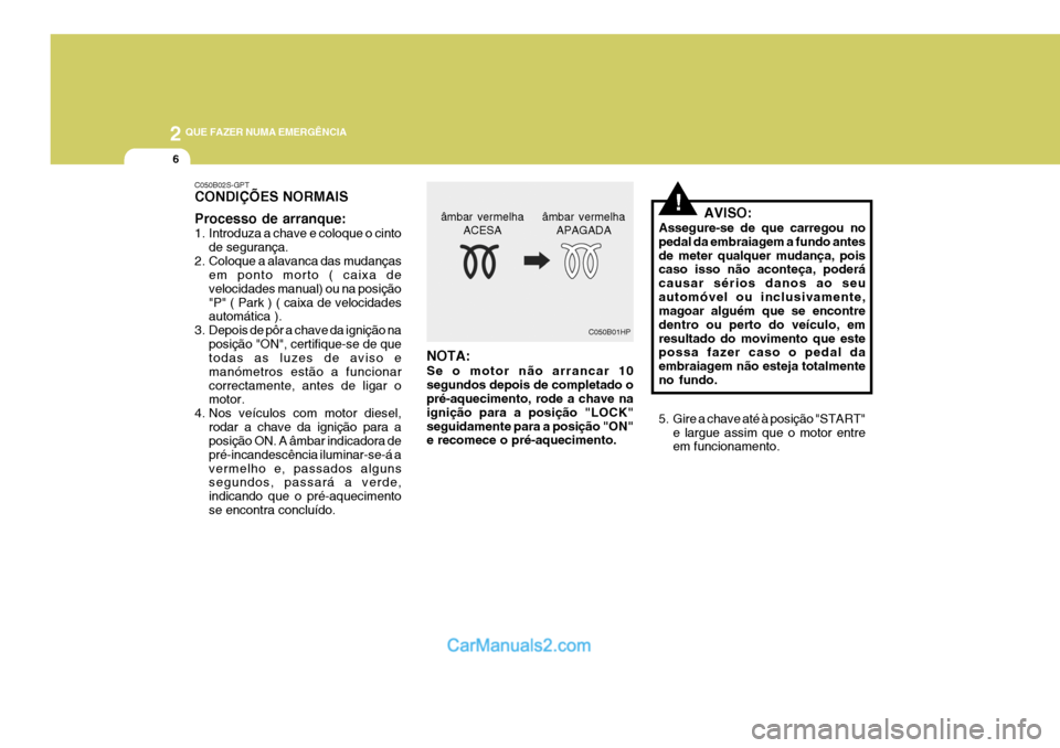 Hyundai Elantra 2004  Manual do proprietário (in Portuguese) 2 QUE FAZER NUMA EMERGÊNCIA
6
!AVISO:
Assegure-se de que carregou no pedal da embraiagem a fundo antesde meter qualquer mudança, pois caso isso não aconteça, poderá causar sérios danos ao seuaut