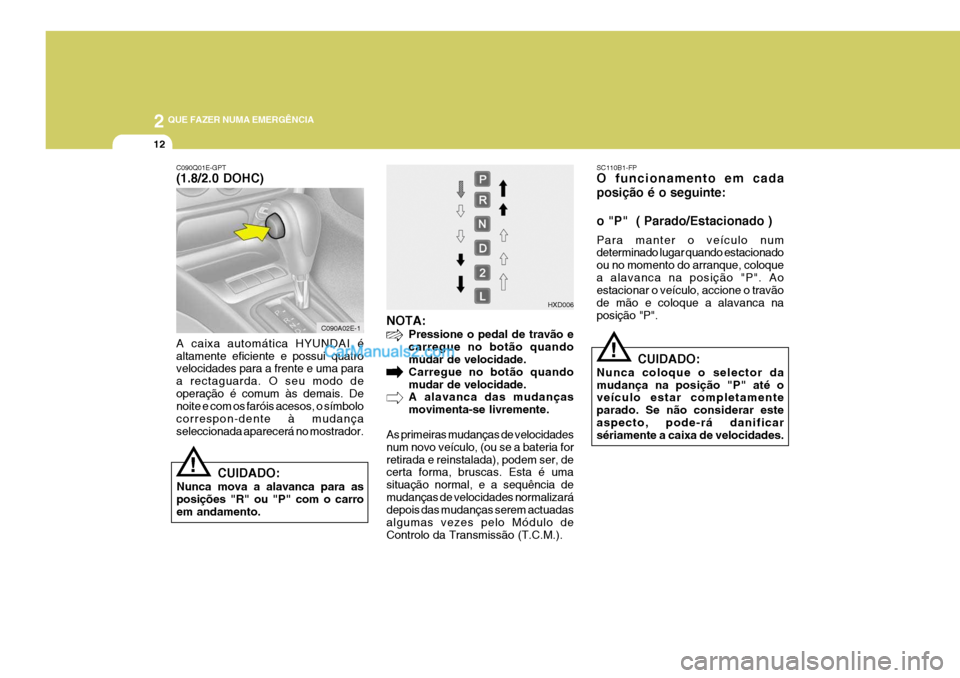 Hyundai Elantra 2004  Manual do proprietário (in Portuguese) 2 QUE FAZER NUMA EMERGÊNCIA
12
SC110B1-FP O funcionamento em cada posição é o seguinte: o "P"  ( Parado/Estacionado ) Para manter o veículo num determinado lugar quando estacionado ou no momento 