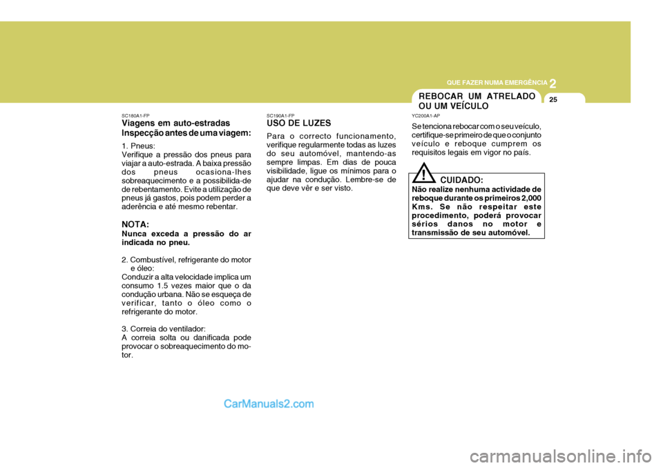 Hyundai Elantra 2004  Manual do proprietário (in Portuguese) 2
QUE FAZER NUMA EMERGÊNCIA
25REBOCAR UM ATRELADO OU UM VEÍCULO
SC190A1-FP USO DE LUZES Para o correcto funcionamento, verifique regularmente todas as luzesdo seu automóvel, mantendo-as sempre limp