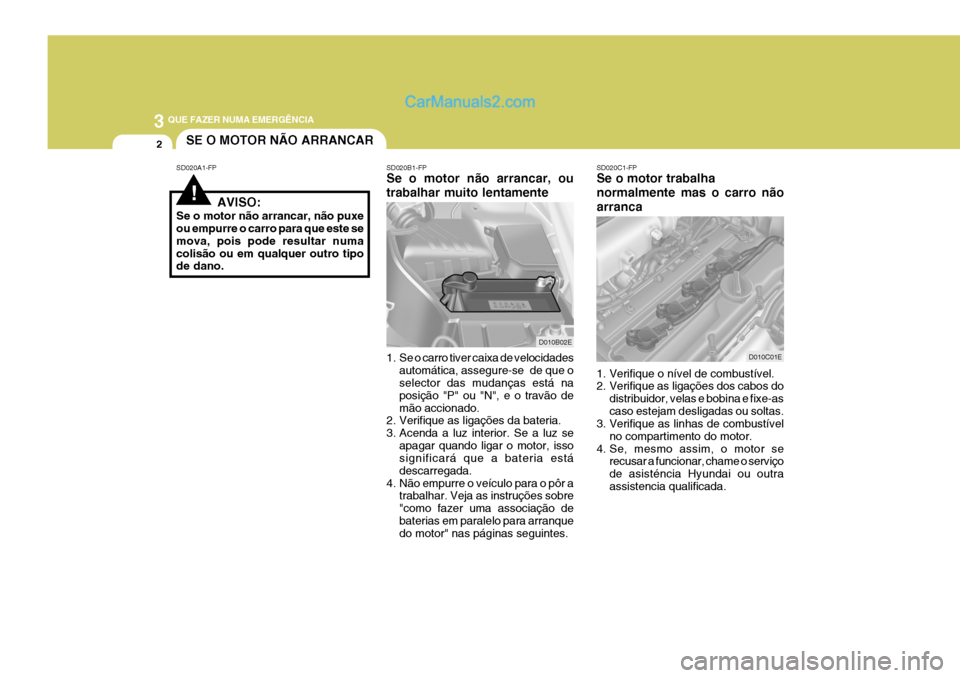 Hyundai Elantra 2004  Manual do proprietário (in Portuguese) 3 QUE FAZER NUMA EMERGÊNCIA
2
!
SE O MOTOR NÃO ARRANCAR
SD020A1-FP SD020B1-FP
Se o motor não arrancar, ou trabalhar muito lentamente
1. Se o carro tiver caixa de velocidades automática, assegure-s