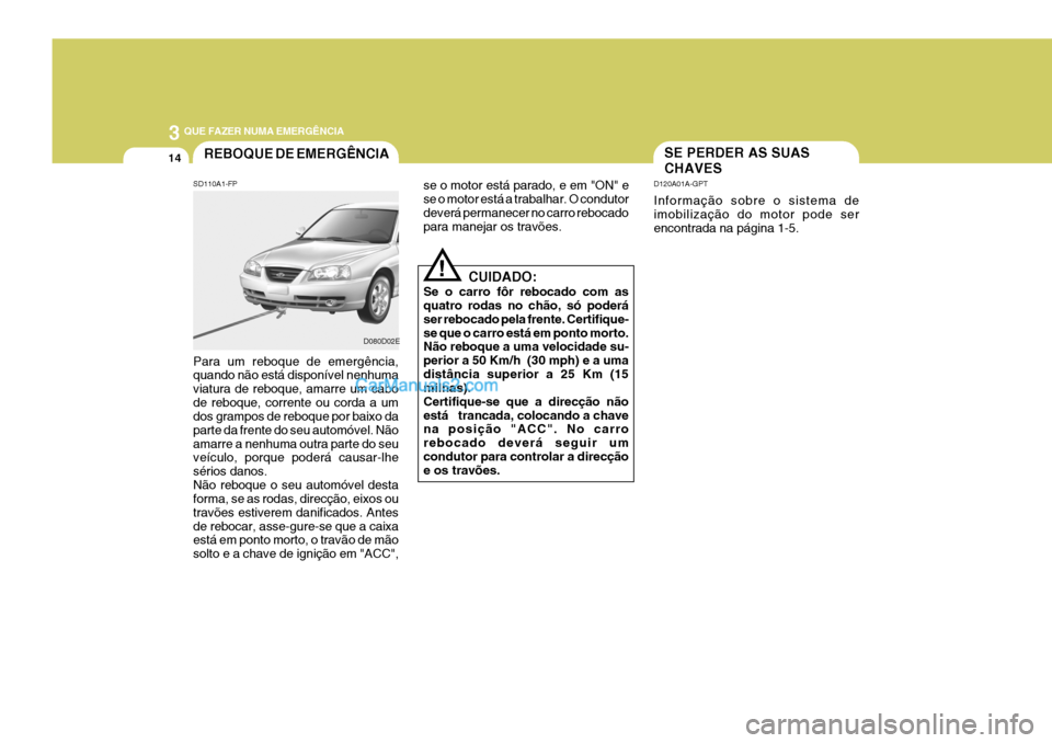 Hyundai Elantra 2004  Manual do proprietário (in Portuguese) 3 QUE FAZER NUMA EMERGÊNCIA
14SE PERDER AS SUAS CHAVES
D120A01A-GPT Informação sobre o sistema de imobilização do motor pode ser encontrada na página 1-5.REBOQUE DE EMERGÊNCIA
SD110A1-FP Para u