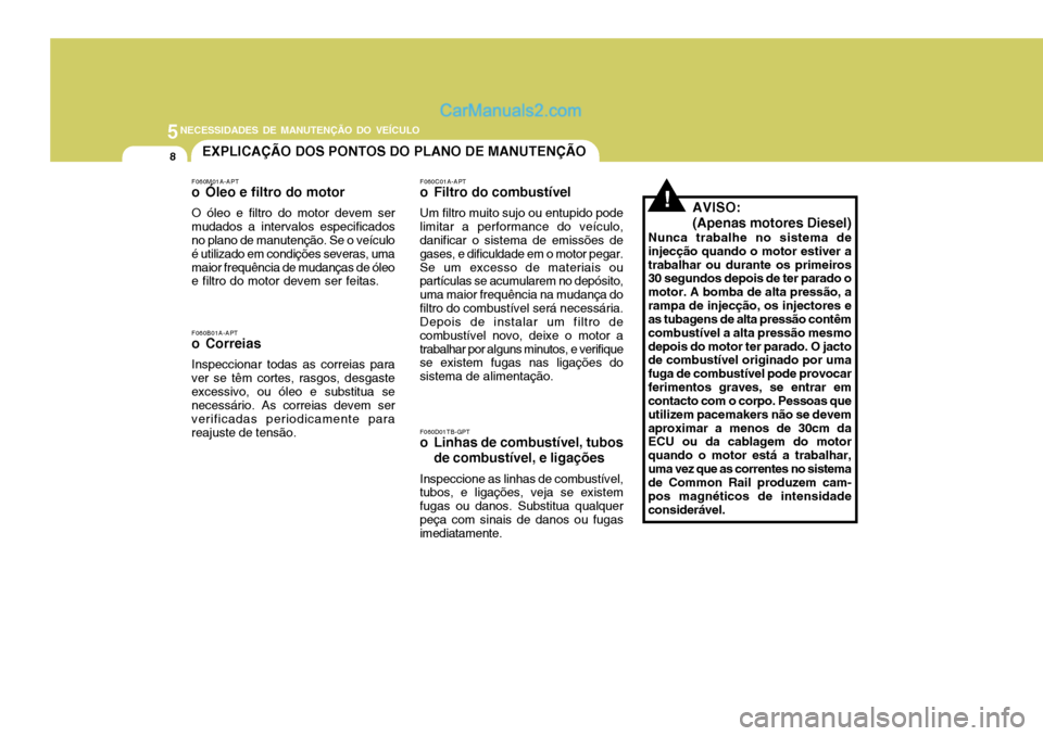 Hyundai Elantra 2004 Manual do proprietário (in Portuguese) 5NECESSIDADES DE MANUTENÇÃO DO VEÍCULO
8EXPLICAÇÃO DOS PONTOS DO PLANO DE MANUTENÇÃO
F060M01A-APT
o Óleo e filtro do motor O óleo e filtro do motor devem ser mudados a intervalos especificad Hyundai Elantra 2004 Manual do proprietário (in Portuguese) 5NECESSIDADES DE MANUTENÇÃO DO VEÍCULO
8EXPLICAÇÃO DOS PONTOS DO PLANO DE MANUTENÇÃO
F060M01A-APT
o Óleo e filtro do motor O óleo e filtro do motor devem ser mudados a intervalos especificad
