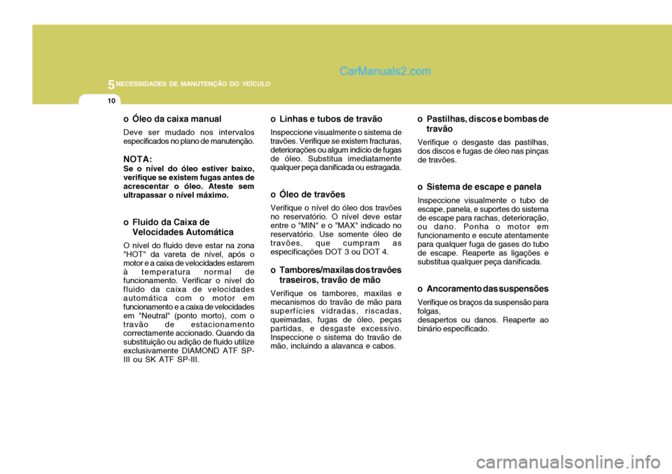 Hyundai Elantra 2004 Manual do proprietário (in Portuguese) 5NECESSIDADES DE MANUTENÇÃO DO VEÍCULO
10
o Óleo da caixa manual Deve ser mudado nos intervalos especificados no plano de manutenção. NOTA: Se o nível do óleo estiver baixo, verifique se exist Hyundai Elantra 2004 Manual do proprietário (in Portuguese) 5NECESSIDADES DE MANUTENÇÃO DO VEÍCULO
10
o Óleo da caixa manual Deve ser mudado nos intervalos especificados no plano de manutenção. NOTA: Se o nível do óleo estiver baixo, verifique se exist
