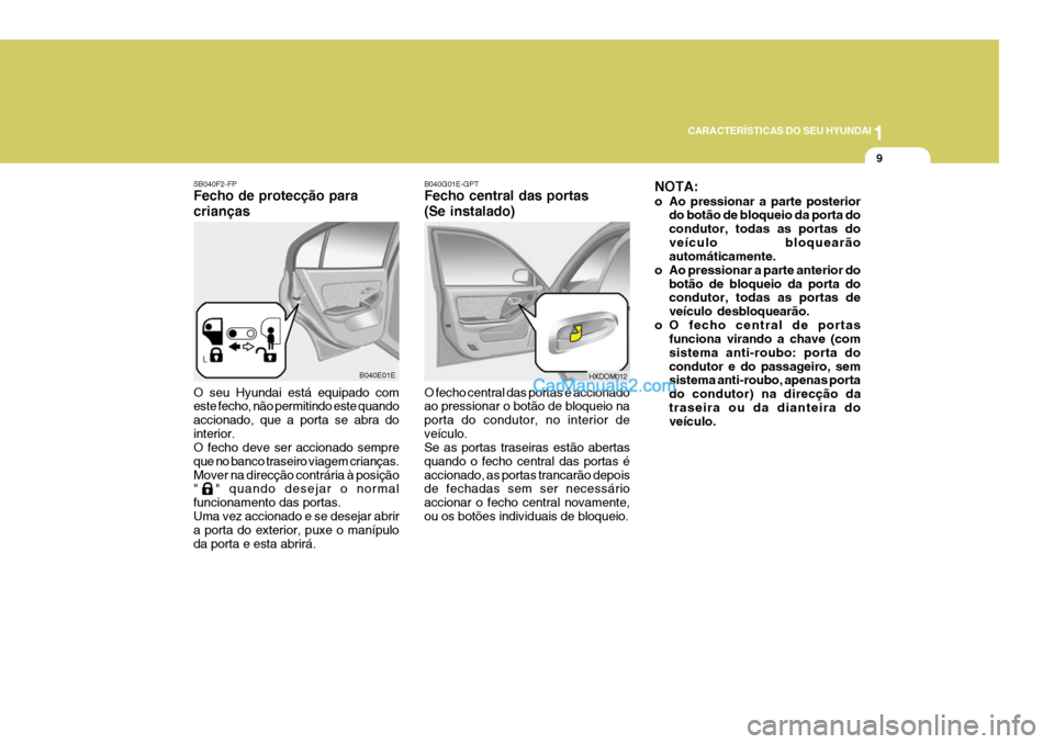 Hyundai Elantra 2004 Manual do proprietário (in Portuguese) 1
CARACTERÍSTICAS DO SEU HYUNDAI
9
SB040F2-FP Fecho de protecção para crianças O seu Hyundai está equipado com este fecho, não permitindo este quando accionado, que a porta se abra dointerior. O Hyundai Elantra 2004 Manual do proprietário (in Portuguese) 1
CARACTERÍSTICAS DO SEU HYUNDAI
9
SB040F2-FP Fecho de protecção para crianças O seu Hyundai está equipado com este fecho, não permitindo este quando accionado, que a porta se abra dointerior. O