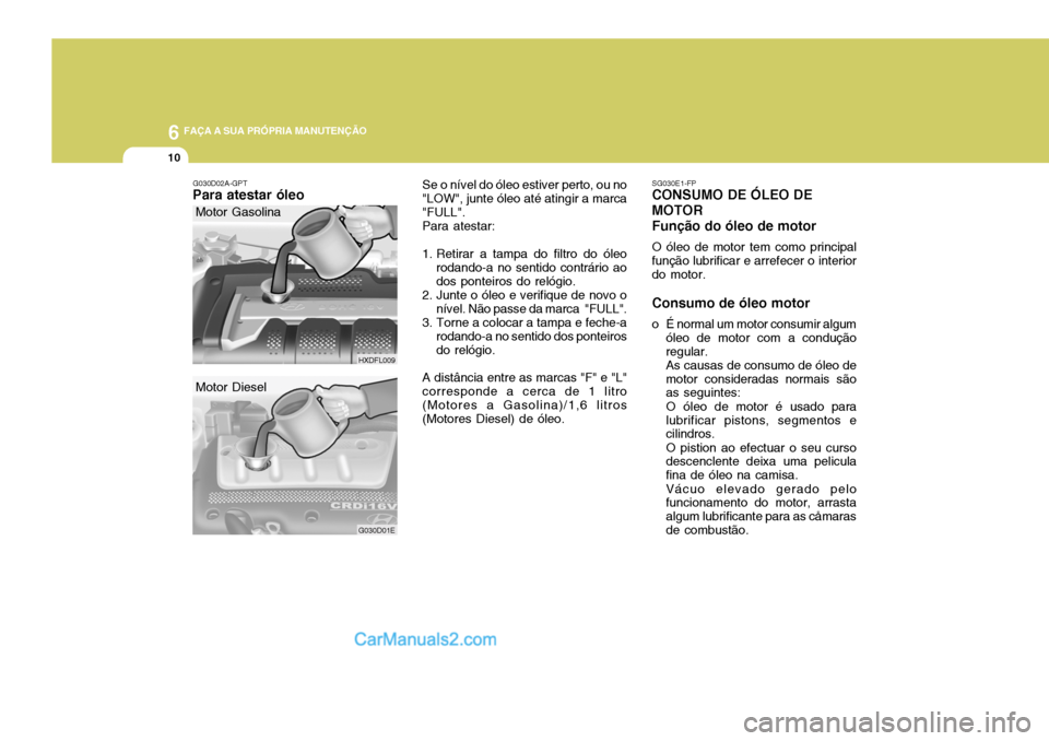 Hyundai Elantra 2004 Manual do proprietário (in Portuguese) 6 FAÇA A SUA PRÓPRIA MANUTENÇÃO
10
SG030E1-FP
CONSUMO DE ÓLEO DE MOTOR Função do óleo de motor
O óleo de motor tem como principal
função lubrificar e arrefecer o interior do motor. Consumo Hyundai Elantra 2004 Manual do proprietário (in Portuguese) 6 FAÇA A SUA PRÓPRIA MANUTENÇÃO
10
SG030E1-FP
CONSUMO DE ÓLEO DE MOTOR Função do óleo de motor
O óleo de motor tem como principal
função lubrificar e arrefecer o interior do motor. Consumo