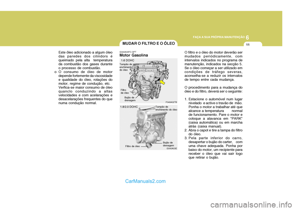 Hyundai Elantra 2004 Manual do proprietário (in Portuguese) 6
FAÇA A SUA PRÓPRIA MANUTENÇÃO
11MUDAR O FILTRO E O ÓLEO
Este ôleo adicionado a algum óleo das paredes dos cilindors équeimado pela alta temperatura da combustão dos gases durante o process Hyundai Elantra 2004 Manual do proprietário (in Portuguese) 6
FAÇA A SUA PRÓPRIA MANUTENÇÃO
11MUDAR O FILTRO E O ÓLEO
Este ôleo adicionado a algum óleo das paredes dos cilindors équeimado pela alta temperatura da combustão dos gases durante o process