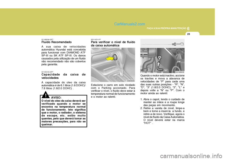 Hyundai Elantra 2004 Manual do proprietário (in Portuguese) 6
FAÇA A SUA PRÓPRIA MANUTENÇÃO
23
!
C090A02E
SG110D1-FP
Para verificar o nível de fluído da caixa automática
G110C01E-GPT
Capacidade da caixa develocidades
A capacidade do oleo da caixa autom Hyundai Elantra 2004 Manual do proprietário (in Portuguese) 6
FAÇA A SUA PRÓPRIA MANUTENÇÃO
23
!
C090A02E
SG110D1-FP
Para verificar o nível de fluído da caixa automática
G110C01E-GPT
Capacidade da caixa develocidades
A capacidade do oleo da caixa autom