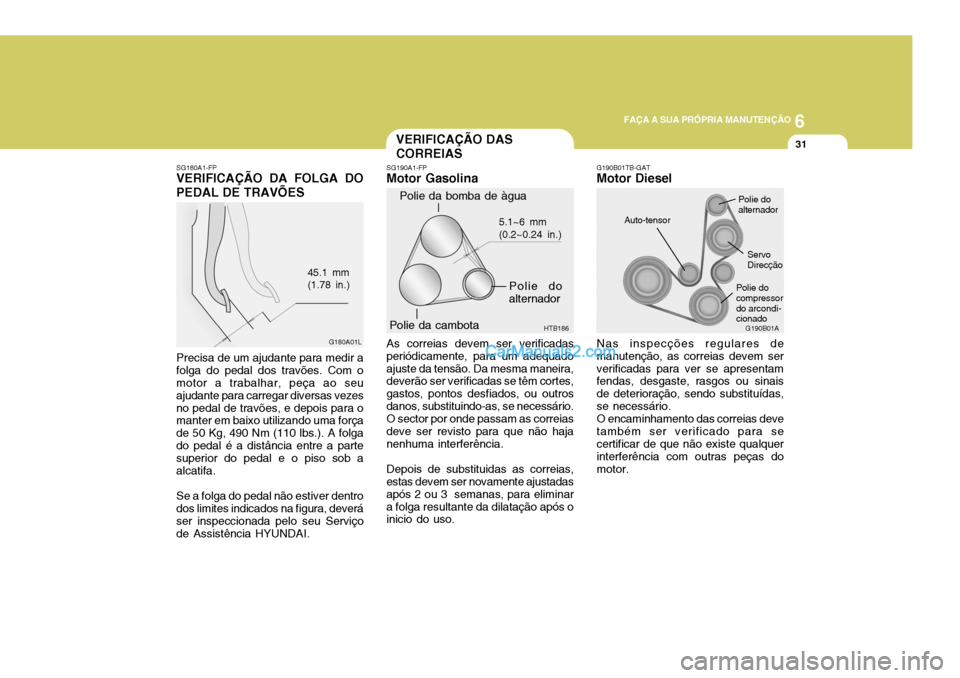 Hyundai Elantra 2004  Manual do proprietário (in Portuguese) 6
FAÇA A SUA PRÓPRIA MANUTENÇÃO
31VERIFICAÇÃO DAS CORREIAS
Polie da bomba de àgua
Polie do alternador
Polie da cambota 5.1~6 mm (0.2~0.24 in.)
HTB186
SG190A1-FP
Motor Gasolina
As correias devem