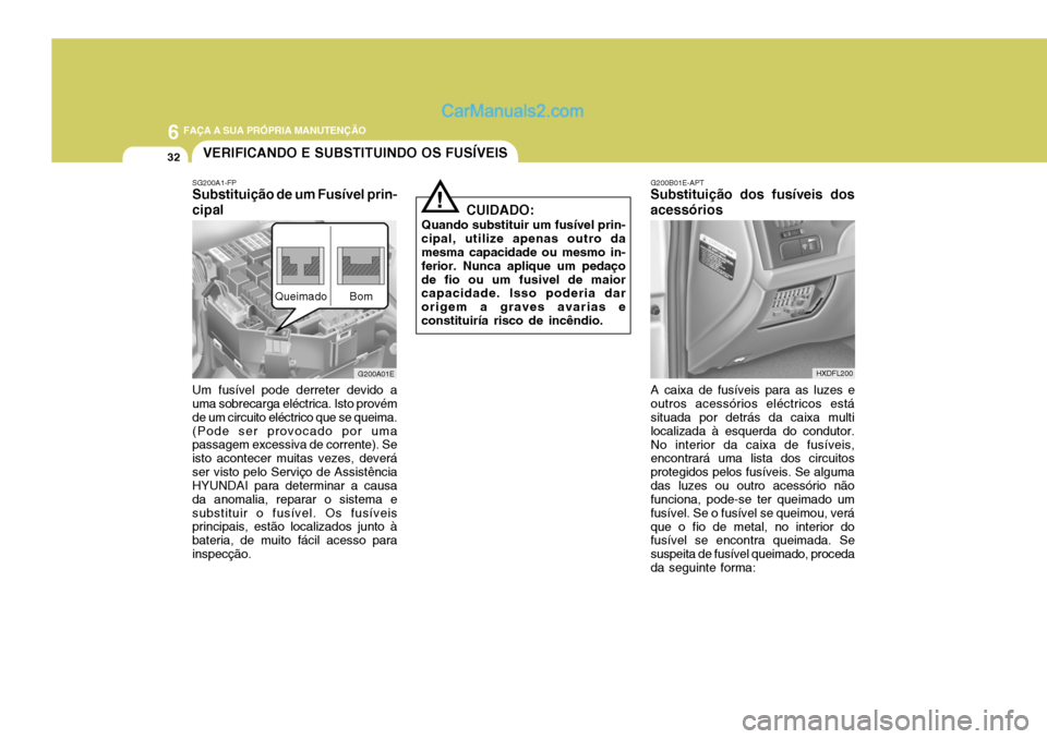 Hyundai Elantra 2004  Manual do proprietário (in Portuguese) 6 FAÇA A SUA PRÓPRIA MANUTENÇÃO
32VERIFICANDO E SUBSTITUINDO OS FUSÍVEIS
G200B01E-APT
Substituição dos fusíveis dos acessórios
HXDFL200
A caixa de fusíveis para as luzes e
outros acessórios