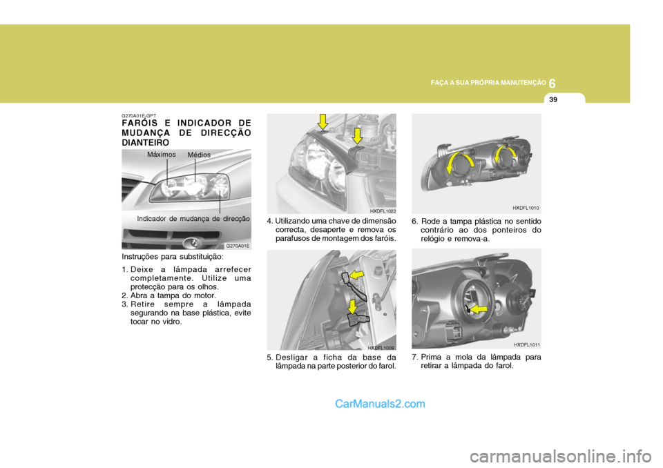 Hyundai Elantra 2004  Manual do proprietário (in Portuguese) 6
FAÇA A SUA PRÓPRIA MANUTENÇÃO
39
HXDFL1011
7. Prima a mola da lâmpada para retirar a lâmpada do farol. HXDFL1010
4. Utilizando uma chave de dimensão
correcta, desaperte e remova os parafusos 
