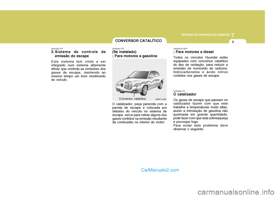 Hyundai Elantra 2004  Manual do proprietário (in Portuguese) 7
SISTEMA DE CONTROLE DE EMISSÃO
3CONVERSOR CATALÍTICO
SH010D1-FP
3. Sistema de controle de
emissão do escape
Este sistema tem vindo a ser integrado num sistema altamente eficáz que controla as em