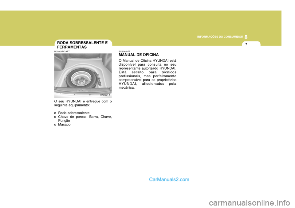 Hyundai Elantra 2004  Manual do proprietário (in Portuguese) 8
INFORMAÇÕES DO CONSUMIDOR
7RODA SOBRESSALENTE E FERRAMENTAS
I100A01FC-APT O seu HYUNDAI é entregue com o
seguinte equipamento: 
o Roda sobressalente 
o Chave de porcas, Barra, Chave, Punção
o M