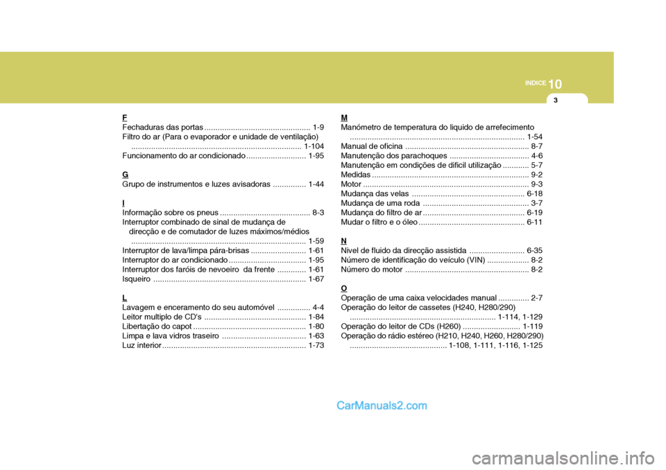 Hyundai Elantra 2004  Manual do proprietário (in Portuguese) 10
INDICE
3
F Fechaduras das 
portas ................................................ 1-9
Filtro do ar (Para o evaporador e unidade de ventilação) ...................................................