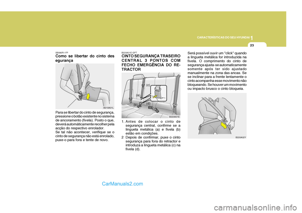 Hyundai Elantra 2004 Manual do proprietário (in Portuguese) 1
CARACTERÍSTICAS DO SEU HYUNDAI
23
SB090R1-FP Como se libertar do cinto des egurança Para se libertar do cinto de segurança, pressione o botão existente no sistema de ancoramento (fivela). Posto Hyundai Elantra 2004 Manual do proprietário (in Portuguese) 1
CARACTERÍSTICAS DO SEU HYUNDAI
23
SB090R1-FP Como se libertar do cinto des egurança Para se libertar do cinto de segurança, pressione o botão existente no sistema de ancoramento (fivela). Posto