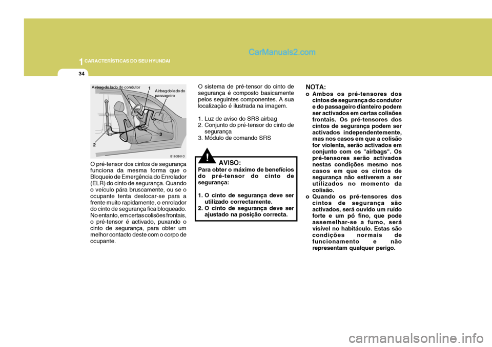 Hyundai Elantra 2004 Manual do proprietário (in Portuguese) 1CARACTERÍSTICAS DO SEU HYUNDAI
34
O sistema de pré-tensor do cinto de segurança é composto basicamentepelos seguintes componentes. A sua localização é ilustrada na imagem.
1. Luz de aviso do Hyundai Elantra 2004 Manual do proprietário (in Portuguese) 1CARACTERÍSTICAS DO SEU HYUNDAI
34
O sistema de pré-tensor do cinto de segurança é composto basicamentepelos seguintes componentes. A sua localização é ilustrada na imagem.
1. Luz de aviso do
