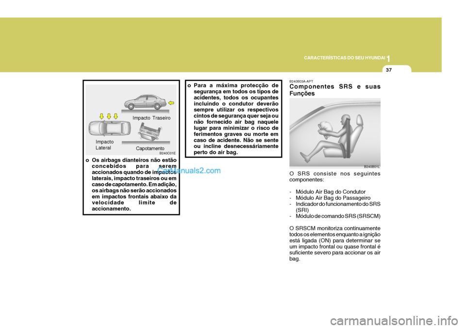 Hyundai Elantra 2004 Manual do proprietário (in Portuguese) 1
CARACTERÍSTICAS DO SEU HYUNDAI
37
o Os airbags dianteiros não estão concebidos para serem accionados quando de impactoslaterais, impacto traseiros ou em caso de capotamento. Em adição, os airba Hyundai Elantra 2004 Manual do proprietário (in Portuguese) 1
CARACTERÍSTICAS DO SEU HYUNDAI
37
o Os airbags dianteiros não estão concebidos para serem accionados quando de impactoslaterais, impacto traseiros ou em caso de capotamento. Em adição, os airba