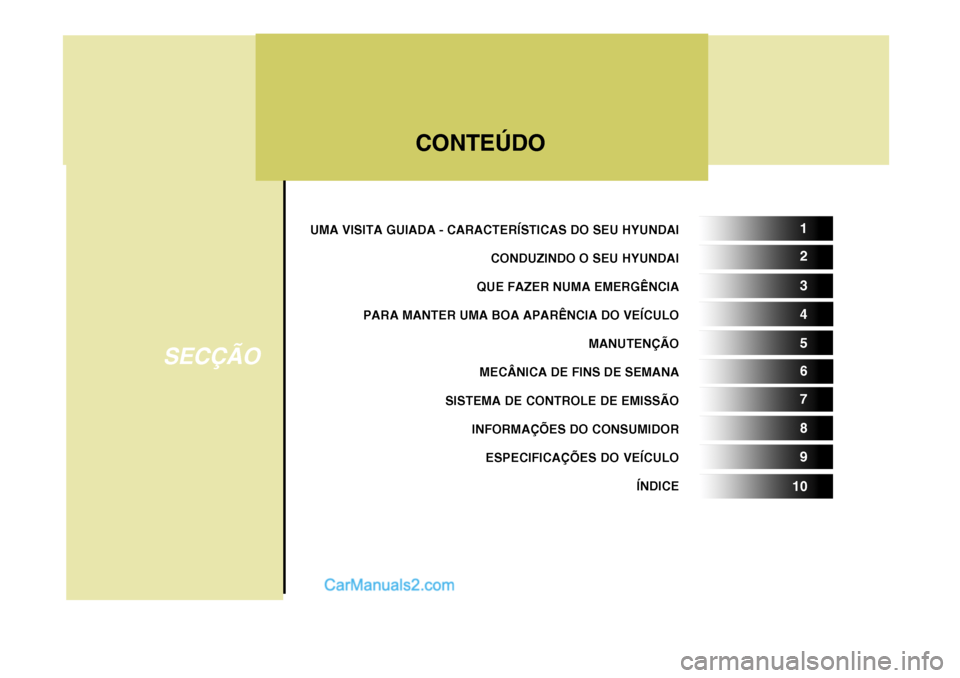 Hyundai Elantra 2004  Manual do proprietário (in Portuguese) UMA VISITA GUIADA - CARACTERÍSTICAS DO SEU HYUNDAICONDUZINDO O SEU HYUNDAI
QUE FAZER NUMA EMERGÊNCIA
PARA MANTER UMA BOA APARÊNCIA DO VEÍCULO MANUTENÇÃO
MECÂNICA DE FINS DE SEMANA
SISTEMA DE CO