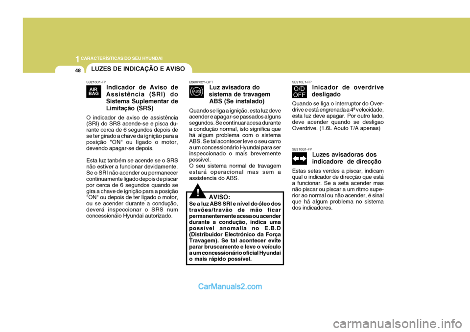 Hyundai Elantra 2004 Manual do proprietário (in Portuguese) 1CARACTERÍSTICAS DO SEU HYUNDAI
48
SB210G1-FP
Luzes avisadoras dos indicadore de direcção
Estas setas verdes a piscar, indicam qual o indicador de direcção que está a funcionar. Se a seta acend Hyundai Elantra 2004 Manual do proprietário (in Portuguese) 1CARACTERÍSTICAS DO SEU HYUNDAI
48
SB210G1-FP
Luzes avisadoras dos indicadore de direcção
Estas setas verdes a piscar, indicam qual o indicador de direcção que está a funcionar. Se a seta acend