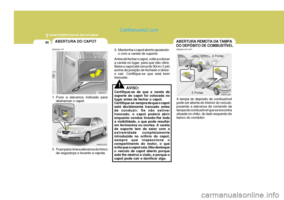 Hyundai Elantra 2004  Manual do proprietário (in Portuguese) 1CARACTERÍSTICAS DO SEU HYUNDAI
80
HXDFL561
B560A01HP-APT A tampa do depósito de combustível pode ser aberta do interior do veículo,puxando a alavanca de comando da tampa de combustível que se en