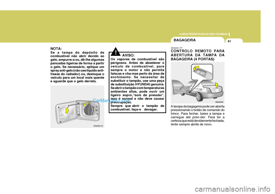 Hyundai Elantra 2004  Manual do proprietário (in Portuguese) 1
CARACTERÍSTICAS DO SEU HYUNDAI
81
AVISO:
Os vapores de combustível são perigosos. Antes de abastecer o veículo de combustível, pare sempre o motor e não permitafaíscas e cha-mas perto da áre