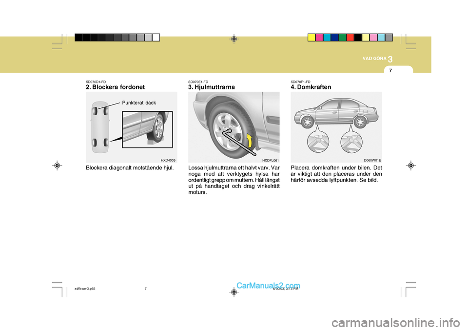 Hyundai Elantra 2004 Ägarmanual (in Swedish) 3
VAD GÖRA
7
SD070F1-FD
4. Domkraften
Placera domkraften under bilen. Det är viktigt att den placeras under denhärför avsedda lyftpunkten. Se bild. D060W01E
SD070E1-FD
3. Hjulmuttrarna
HXDFL061
Hyundai Elantra 2004 Ägarmanual (in Swedish) 3
VAD GÖRA
7
SD070F1-FD
4. Domkraften
Placera domkraften under bilen. Det är viktigt att den placeras under denhärför avsedda lyftpunkten. Se bild. D060W01E
SD070E1-FD
3. Hjulmuttrarna
HXDFL061