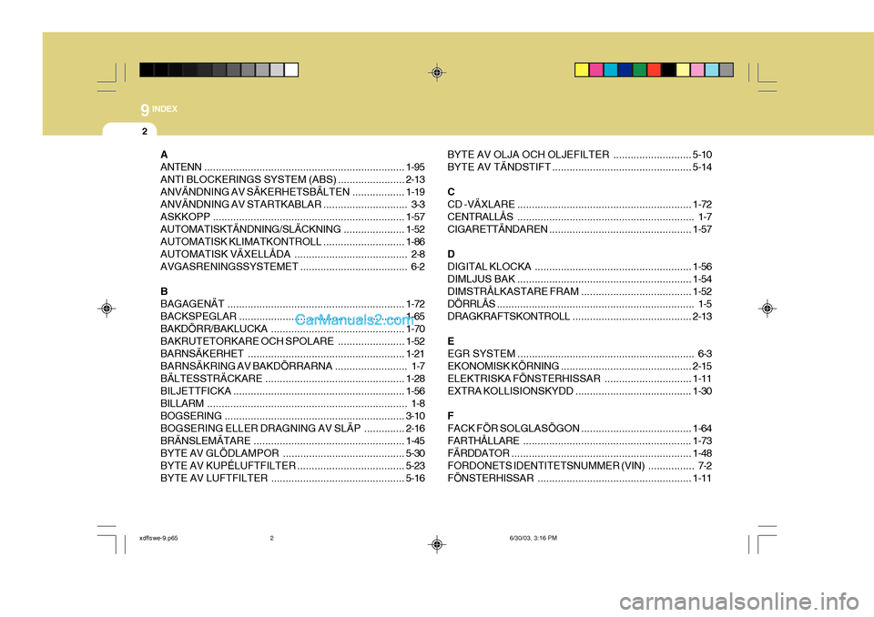 Hyundai Elantra 2004  Ägarmanual (in Swedish) 9 INDEX
2
A ANTENN ..................................................................... 1-95
ANTI BLOCKERINGS  SYSTEM (ABS) ....................... 2-13
ANVÄNDNING AV SÄKERHETSBÄLTEN .............