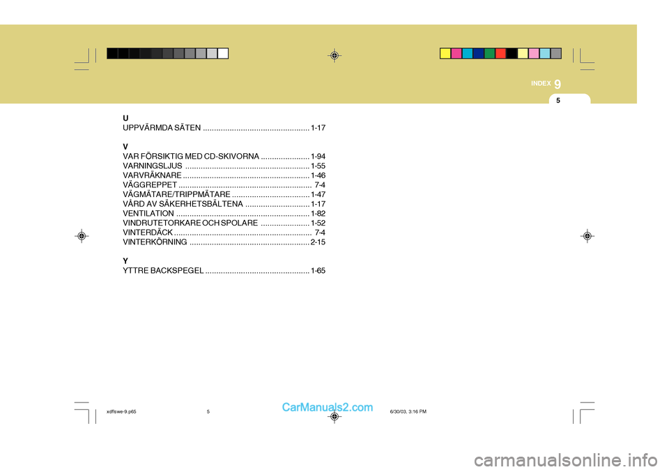 Hyundai Elantra 2004  Ägarmanual (in Swedish) 9
INDEX
5
U UPPVÄRMDA SÄTEN ................................................ 1-17
VVAR FÖRSIKTIG MED  CD-SKIVORNA ...................... 1-94
VARNINGSLJUS ..........................................