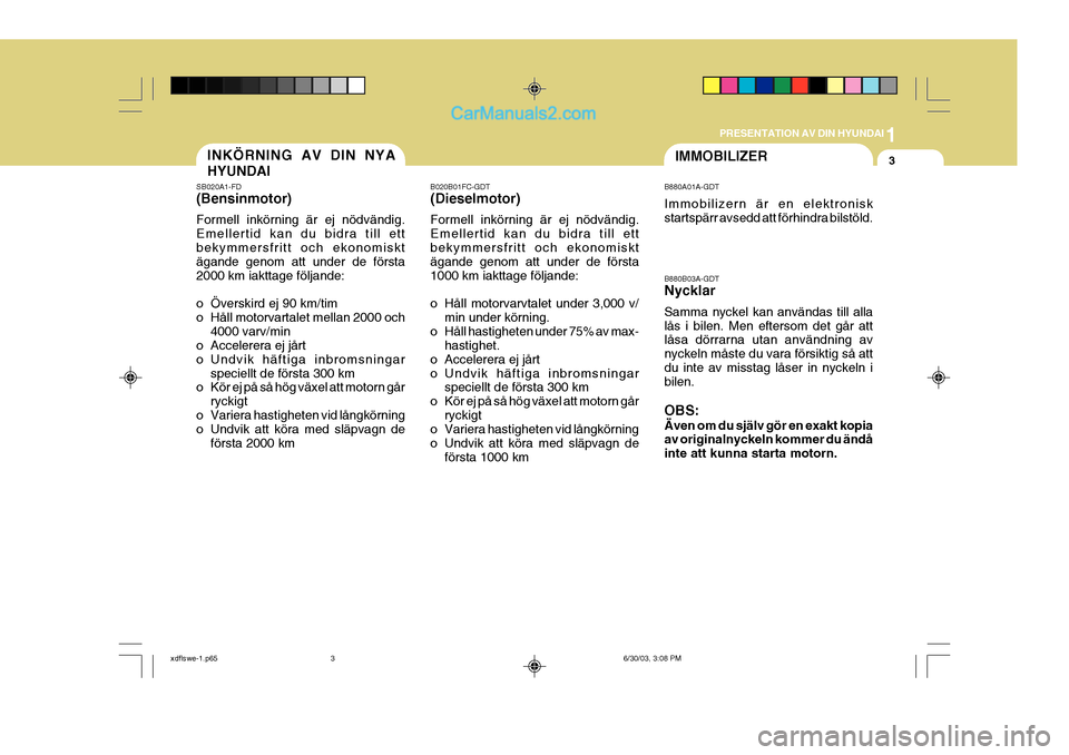 Hyundai Elantra 2004  Ägarmanual (in Swedish) 1
PRESENTATION AV DIN HYUNDAI
3INKÖRNING AV DIN NYA HYUNDAI
SB020A1-FD (Bensinmotor) Formell inkörning är ej nödvändig. Emellertid kan du bidra till ettbekymmersfritt och ekonomiskt ägande genom