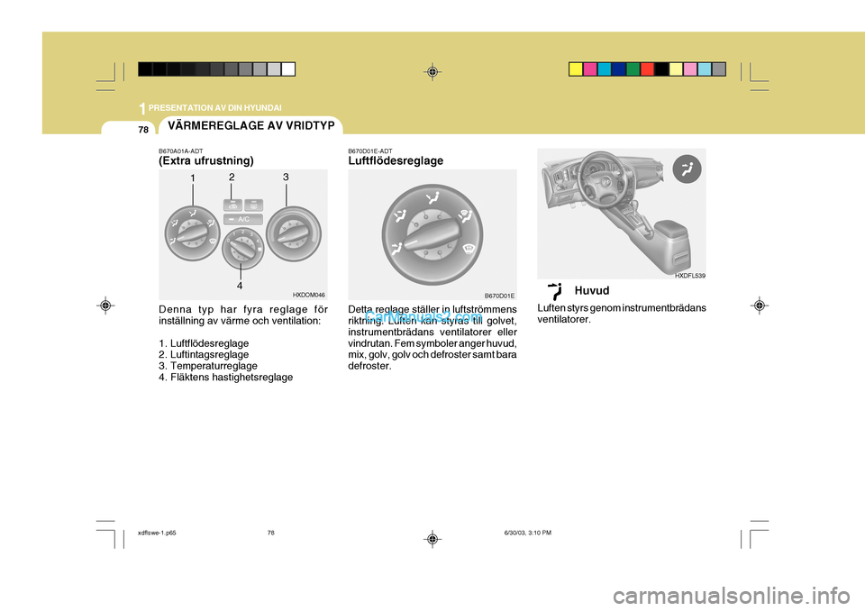 Hyundai Elantra 2004 Ägarmanual (in Swedish) 1PRESENTATION AV DIN HYUNDAI
78VÄRMEREGLAGE AV VRIDTYP
B670A01A-ADT (Extra ufrustning) Denna typ har fyra reglage för inställning av värme och ventilation:
1. Luftflödesreglage
2. Luftintagsreg Hyundai Elantra 2004 Ägarmanual (in Swedish) 1PRESENTATION AV DIN HYUNDAI
78VÄRMEREGLAGE AV VRIDTYP
B670A01A-ADT (Extra ufrustning) Denna typ har fyra reglage för inställning av värme och ventilation:
1. Luftflödesreglage
2. Luftintagsreg