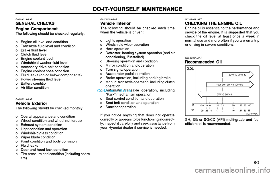 Hyundai Elantra 2003 Owners Manual DO-IT-YOURSELF MAINTENANCE DO-IT-YOURSELF MAINTENANCEDO-IT-YOURSELF MAINTENANCE DO-IT-YOURSELF MAINTENANCE
DO-IT-YOURSELF MAINTENANCE
6-3
G020B01A-AAT
Vehicle Exterior Vehicle ExteriorVehicle Exteri Hyundai Elantra 2003 Owners Manual DO-IT-YOURSELF MAINTENANCE DO-IT-YOURSELF MAINTENANCEDO-IT-YOURSELF MAINTENANCE DO-IT-YOURSELF MAINTENANCE
DO-IT-YOURSELF MAINTENANCE
6-3
G020B01A-AAT
Vehicle Exterior Vehicle ExteriorVehicle Exteri
