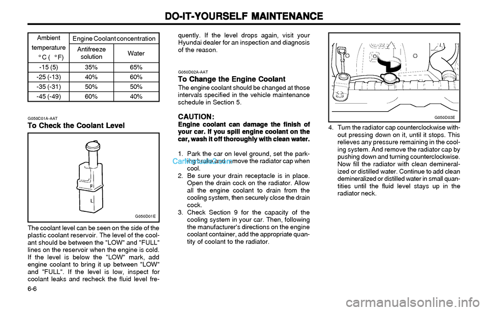 Hyundai Elantra 2003 Owners Manual DO-IT-YOURSELF MAINTENANCE DO-IT-YOURSELF MAINTENANCEDO-IT-YOURSELF MAINTENANCE DO-IT-YOURSELF MAINTENANCE
DO-IT-YOURSELF MAINTENANCE
6-6
Ambient
temperature
°C ( °F)
G050C01A-AAT
To Check the Coo Hyundai Elantra 2003 Owners Manual DO-IT-YOURSELF MAINTENANCE DO-IT-YOURSELF MAINTENANCEDO-IT-YOURSELF MAINTENANCE DO-IT-YOURSELF MAINTENANCE
DO-IT-YOURSELF MAINTENANCE
6-6
Ambient
temperature
°C ( °F)
G050C01A-AAT
To Check the Coo