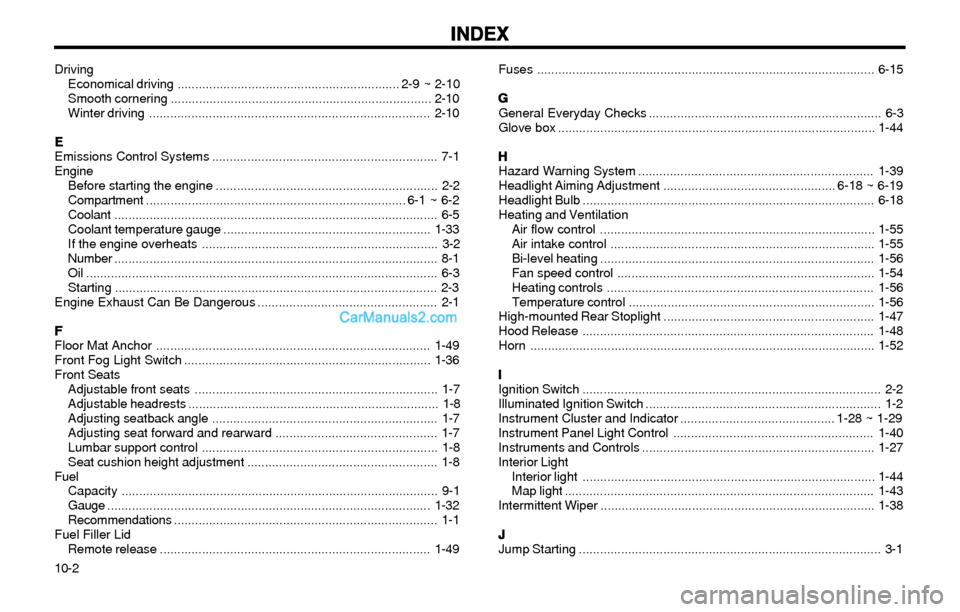 Hyundai Elantra 2003 Owners Manual INDEX INDEXINDEX INDEX
INDEX
10-2Driving
Economical driving ............................................................... 2-9 ~ 2-10
Smooth cornering ................................................ Hyundai Elantra 2003 Owners Manual INDEX INDEXINDEX INDEX
INDEX
10-2Driving
Economical driving ............................................................... 2-9 ~ 2-10
Smooth cornering ................................................