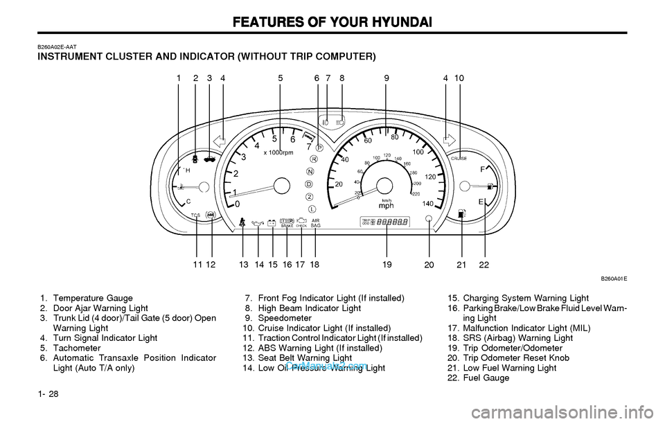 Hyundai Elantra 2003 Owners Guide FEATURES OF YOUR HYUNDAI FEATURES OF YOUR HYUNDAIFEATURES OF YOUR HYUNDAI FEATURES OF YOUR HYUNDAI
FEATURES OF YOUR HYUNDAI
1- 28
B260A01E
24 6578 13
B260A02E-AATINSTRUMENT CLUSTER AND INDICATOR (WITH Hyundai Elantra 2003 Owners Guide FEATURES OF YOUR HYUNDAI FEATURES OF YOUR HYUNDAIFEATURES OF YOUR HYUNDAI FEATURES OF YOUR HYUNDAI
FEATURES OF YOUR HYUNDAI
1- 28
B260A01E
24 6578 13
B260A02E-AATINSTRUMENT CLUSTER AND INDICATOR (WITH