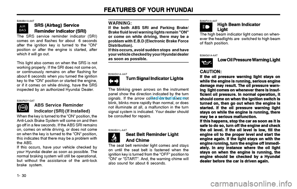 Hyundai Elantra 2003  Owners Manual FEATURES OF YOUR HYUNDAI FEATURES OF YOUR HYUNDAIFEATURES OF YOUR HYUNDAI FEATURES OF YOUR HYUNDAI
FEATURES OF YOUR HYUNDAI
1- 30
B260D01A-AAT
Turn Signal Indicator Lights Turn Signal Indicator Lights