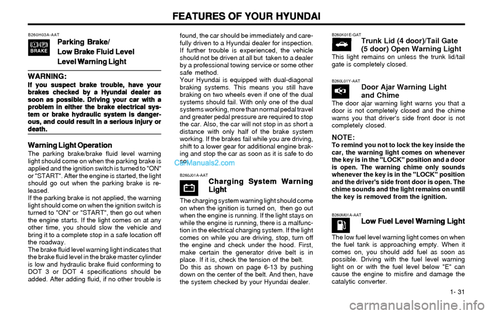 Hyundai Elantra 2003  Owners Manual FEATURES OF YOUR HYUNDAI FEATURES OF YOUR HYUNDAIFEATURES OF YOUR HYUNDAI FEATURES OF YOUR HYUNDAI
FEATURES OF YOUR HYUNDAI
  1- 31
B260H03A-AAT
Parking Brake/ Parking Brake/Parking Brake/ Parking Bra