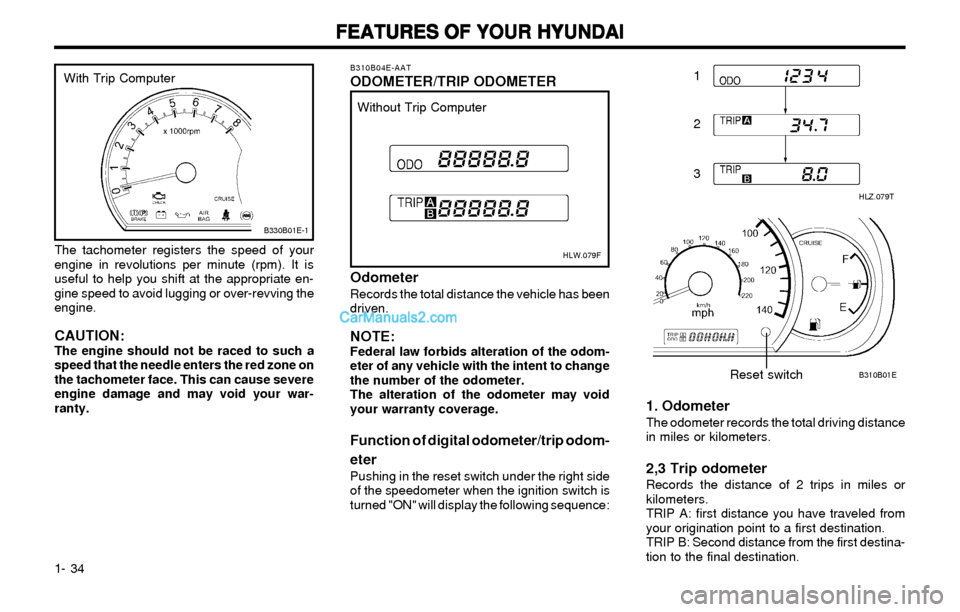 Hyundai Elantra 2003 Service Manual FEATURES OF YOUR HYUNDAI FEATURES OF YOUR HYUNDAIFEATURES OF YOUR HYUNDAI FEATURES OF YOUR HYUNDAI
FEATURES OF YOUR HYUNDAI
1- 34
HLZ.079T
B310B01E
1
2
3
Reset switch
B310B04E-AATODOMETER/TRIP ODOMETE Hyundai Elantra 2003 Service Manual FEATURES OF YOUR HYUNDAI FEATURES OF YOUR HYUNDAIFEATURES OF YOUR HYUNDAI FEATURES OF YOUR HYUNDAI
FEATURES OF YOUR HYUNDAI
1- 34
HLZ.079T
B310B01E
1
2
3
Reset switch
B310B04E-AATODOMETER/TRIP ODOMETE