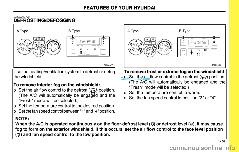 Hyundai Elantra 2003 Repair Manual FEATURES OF YOUR HYUNDAI FEATURES OF YOUR HYUNDAIFEATURES OF YOUR HYUNDAI FEATURES OF YOUR HYUNDAI
FEATURES OF YOUR HYUNDAI
1- 57
NOTE: NOTE:NOTE: NOTE:
NOTE:
When the A/C is operated continuously o Hyundai Elantra 2003 Repair Manual FEATURES OF YOUR HYUNDAI FEATURES OF YOUR HYUNDAIFEATURES OF YOUR HYUNDAI FEATURES OF YOUR HYUNDAI
FEATURES OF YOUR HYUNDAI
1- 57
NOTE: NOTE:NOTE: NOTE:
NOTE:
When the A/C is operated continuously o