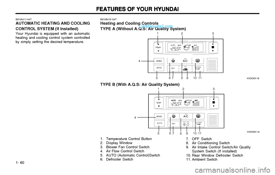 Hyundai Elantra 2003 Repair Manual FEATURES OF YOUR HYUNDAI FEATURES OF YOUR HYUNDAIFEATURES OF YOUR HYUNDAI FEATURES OF YOUR HYUNDAI
FEATURES OF YOUR HYUNDAI
1- 60
B970A01Y-AATAUTOMATIC HEATING AND COOLING
CONTROL SYSTEM (If lnstalled Hyundai Elantra 2003 Repair Manual FEATURES OF YOUR HYUNDAI FEATURES OF YOUR HYUNDAIFEATURES OF YOUR HYUNDAI FEATURES OF YOUR HYUNDAI
FEATURES OF YOUR HYUNDAI
1- 60
B970A01Y-AATAUTOMATIC HEATING AND COOLING
CONTROL SYSTEM (If lnstalled
