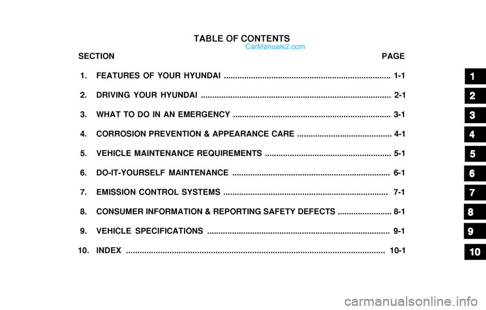 Hyundai Elantra 2003 Owners Manual TABLE OF CONTENTS
SECTION PAGE
1. FEATURES OF YOUR HYUNDAI ........................... Hyundai Elantra 2003 Owners Manual TABLE OF CONTENTS
SECTION PAGE
1. FEATURES OF YOUR HYUNDAI ...........................