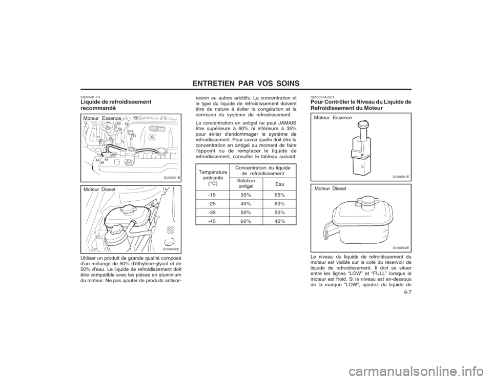 Hyundai Elantra 2003 Manuel du propriétaire (in French) ENTRETIEN PAR VOS SOINS 6-7
SG050B1-FU Liquide de refroidissement recommandé
rosion ou autres additifs. La concentration et le type du liquide de refroidissement doivent être de nature à éviter l Hyundai Elantra 2003 Manuel du propriétaire (in French) ENTRETIEN PAR VOS SOINS 6-7
SG050B1-FU Liquide de refroidissement recommandé
rosion ou autres additifs. La concentration et le type du liquide de refroidissement doivent être de nature à éviter l