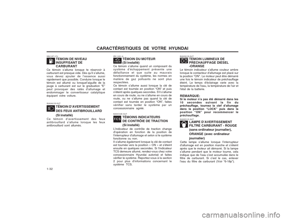 Hyundai Elantra 2003  Manuel du propriétaire (in French) CARACTÉRISTIQUES DE VOTRE HYUNDAI
1-32
SB210P1-FU
TEMOIN DE NIVEAU INSUFFISANT DECARBURANT
Ce témoin s’allume lorsque te réservoir à carburant est presque vide. Dès qu’il s’allume, vous dev