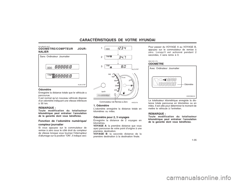 Hyundai Elantra 2003  Manuel du propriétaire (in French) CARACTÉRISTIQUES DE VOTRE HYUNDAI  1-35
SB215D1-FU ODOMETRE
HLZ.079T HXD079
1 2 3
1. Odomètre L’odomètre enregistre la distance totale en kilomètres ou miles. Odomètre pour 2, 3 voyages Enregis