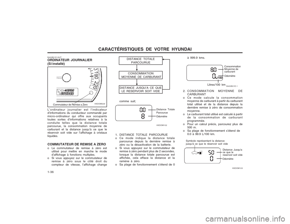Hyundai Elantra 2003  Manuel du propriétaire (in French) CARACTÉRISTIQUES DE VOTRE HYUNDAI
1-36
B400B01E-1
Odomètre
 Litres/100 km
HXDOM103
Distance Jusqua ce que le reservoir soit vide
Odomètre
Symbole représentant la distance jusquá ce que le rése