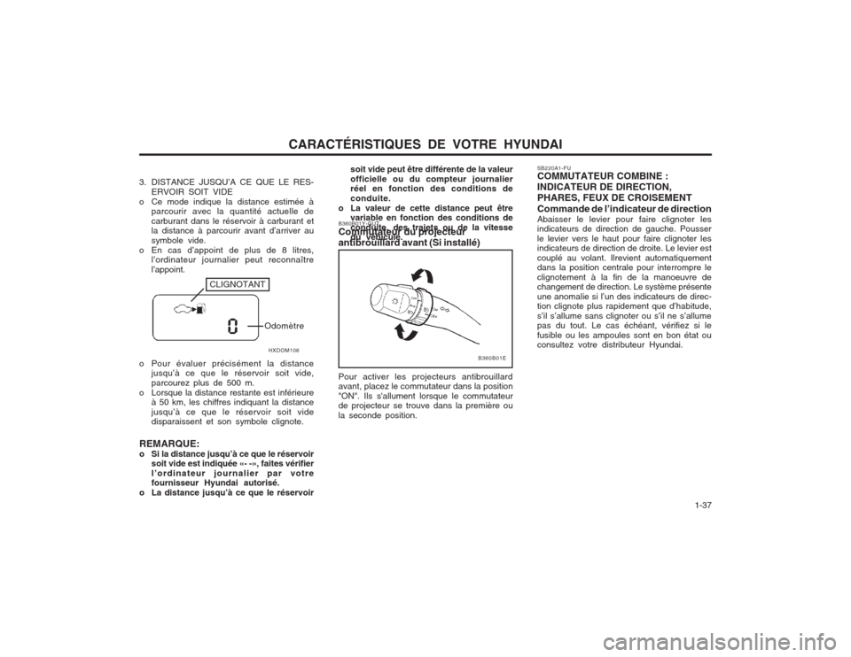 Hyundai Elantra 2003  Manuel du propriétaire (in French) CARACTÉRISTIQUES DE VOTRE HYUNDAI  1-37
SB220A1-FU COMMUTATEUR COMBINE : INDICATEUR DE DIRECTION,PHARES, FEUX DE CROISEMENT Commande de l’indicateur de direction Abaisser le levier pour faire clign