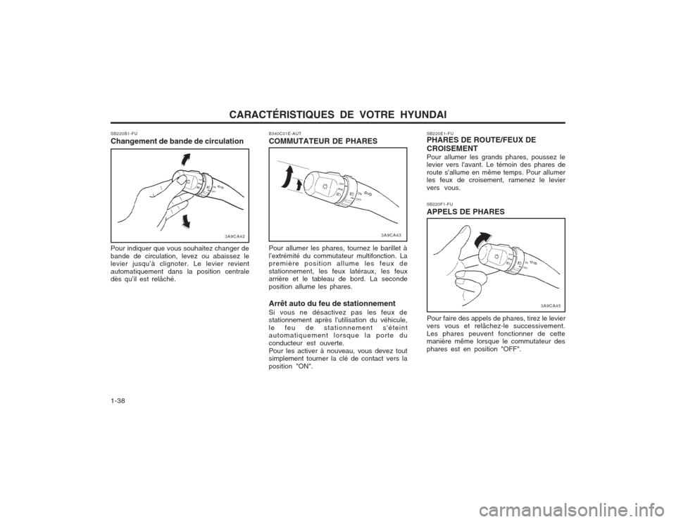 Hyundai Elantra 2003  Manuel du propriétaire (in French) CARACTÉRISTIQUES DE VOTRE HYUNDAI
1-38 B340C01E-AUT COMMUTATEUR DE PHARES
SB220E1-FU PHARES DE ROUTE/FEUX DE CROISEMENT Pour allumer les grands phares, poussez le levier vers lavant. Le témoin des 