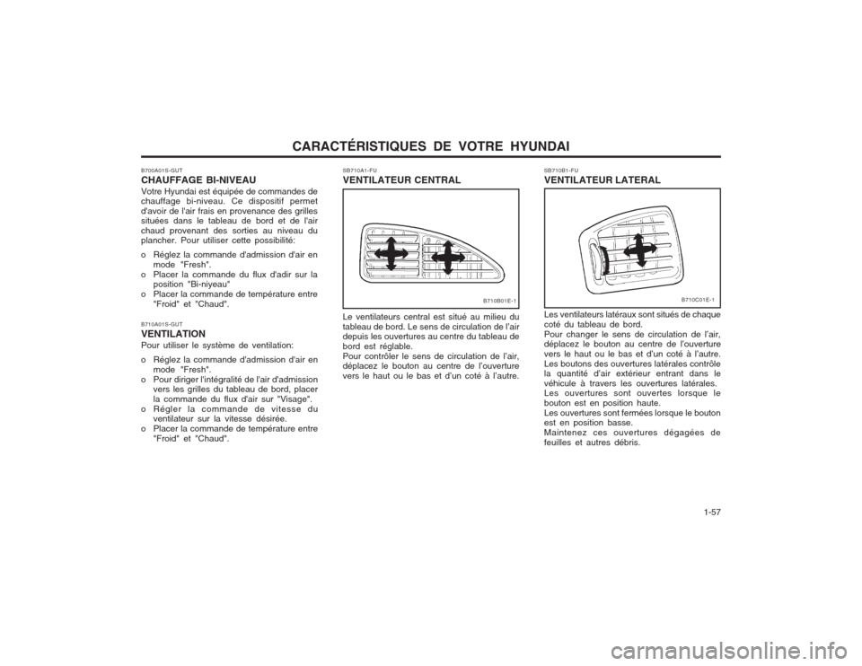 Hyundai Elantra 2003  Manuel du propriétaire (in French) CARACTÉRISTIQUES DE VOTRE HYUNDAI  1-57
Les ventilateurs latéraux sont situés de chaque coté du tableau de bord.Pour changer le sens de circulation de l’air, déplacez le bouton au centre de l